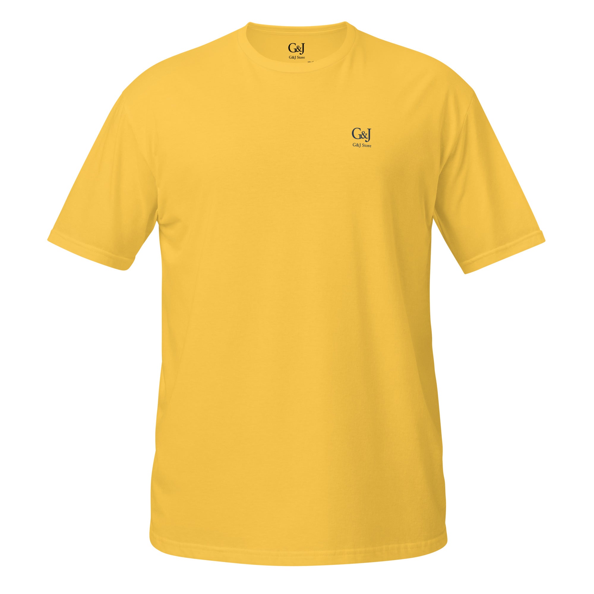 G&J Store unisex yellow t-shirt with small chest logo, plain front view