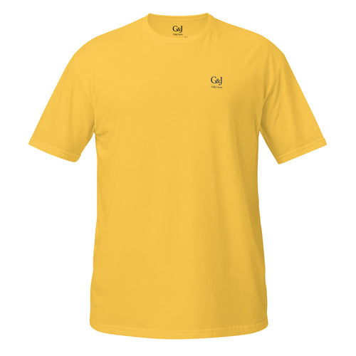 G&J Store unisex yellow t-shirt with small chest logo, plain front view