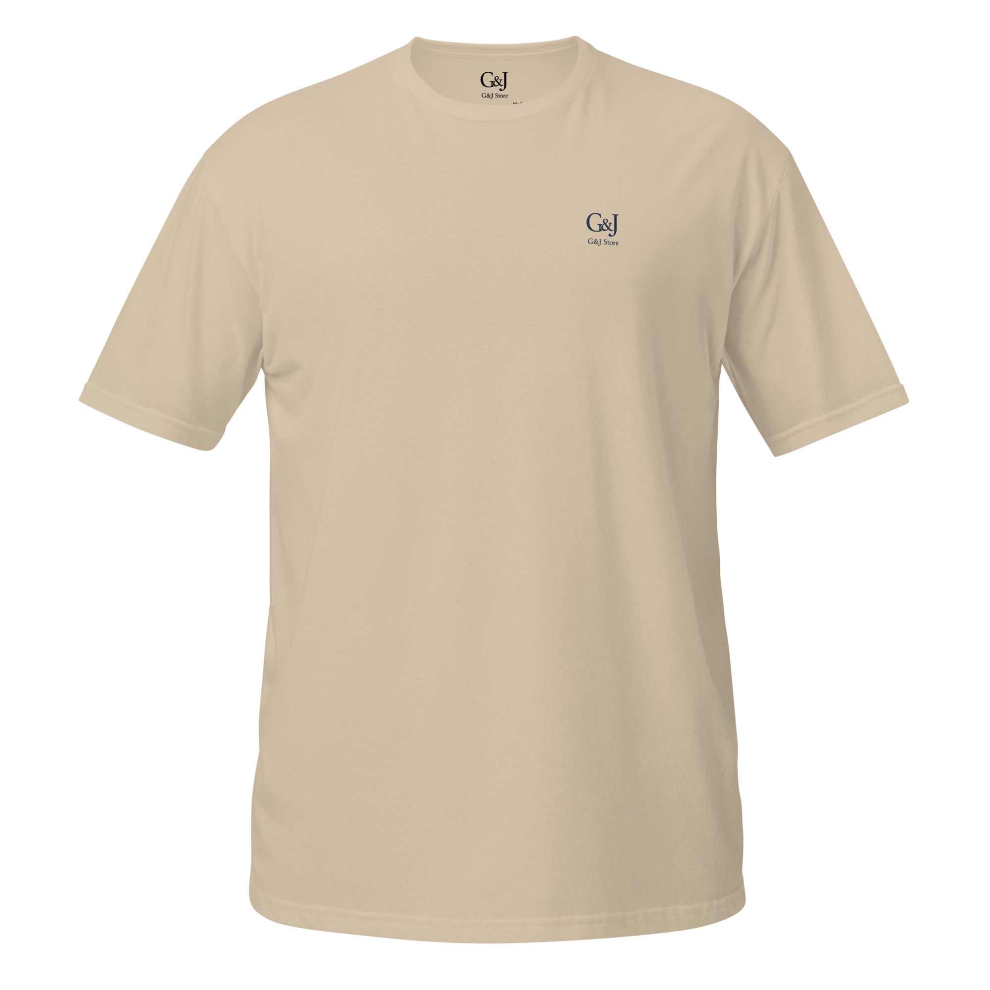 G&J Store unisex basic sand color t-shirt with logo on chest, plain front view