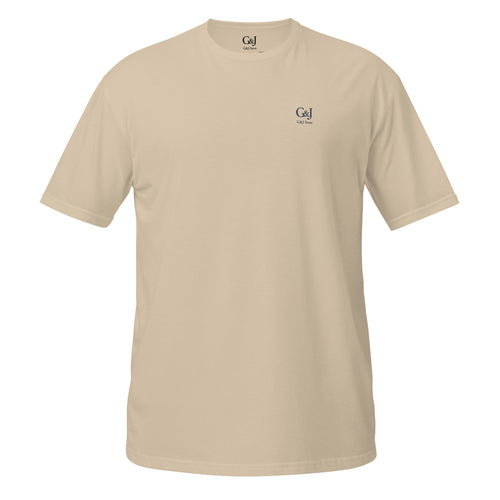G&J Store unisex basic sand color t-shirt with logo on chest, plain front view