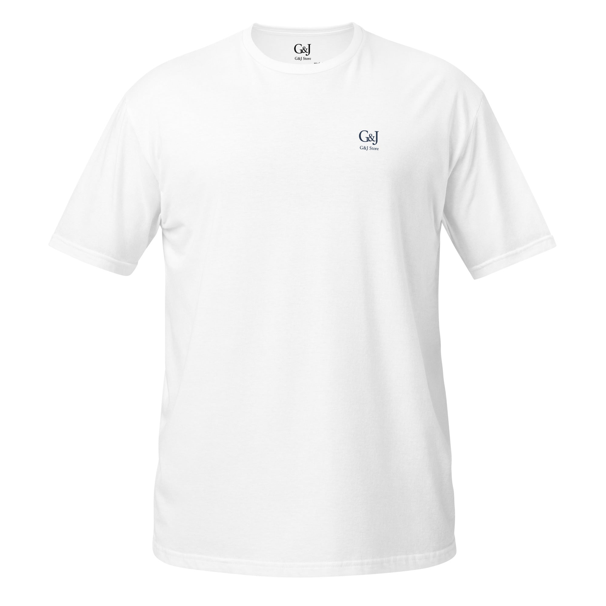 Unisex white t-shirt with G&J Store logo, softstyle cotton, front view